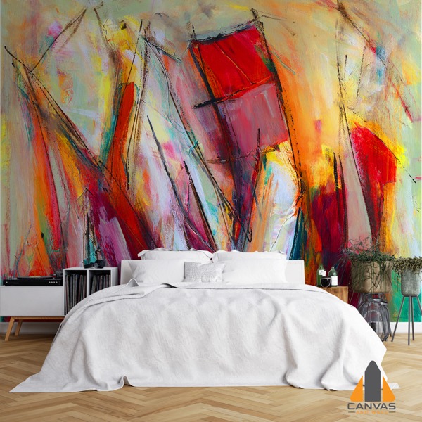 Vibrant abstract art wall mural bringing life to a modern bedroom, showcasing unique wallpaper installations.
