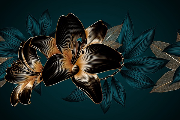 Close-up of a dark floral wallpaper design with intricate gold and black lilies and leaves.