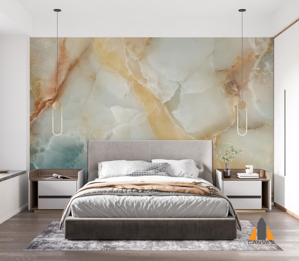 Bedroom with a large marble-effect wall mural above the bed, also available for wallpaper installations in Gauteng.