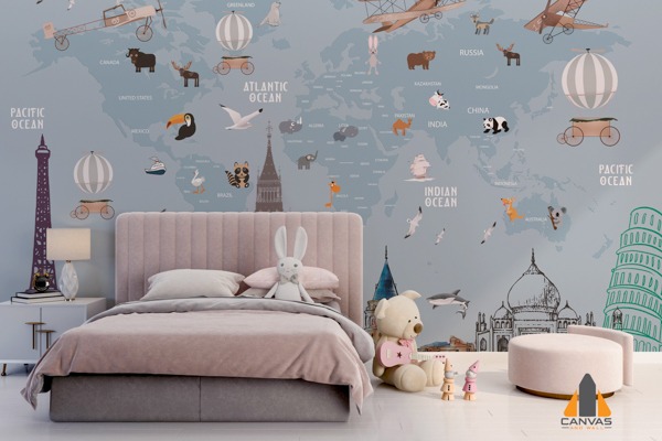 Playful world map wall mural in a child's modern bedroom, enhancing the space with custom wallpaper.