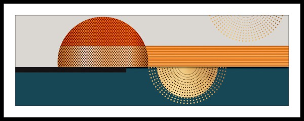 Abstract geometric sunrise custom wallpaper design with teal, orange, and gold elements.