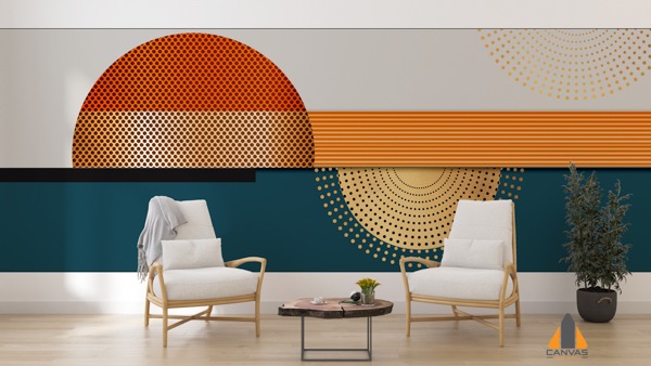 Sunrise geometric wall mural in a modern living room with two armchairs.