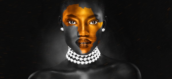Close-up of an Afrocentric woman wall mural design with gold African continent on her face.