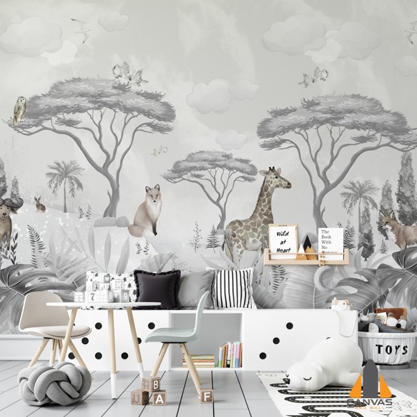 Monochromatic safari wall mural in a child's nursery, featuring animals and trees.