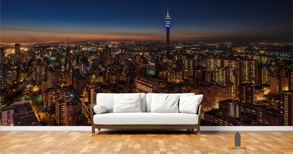 Johannesburg cityscape wall mural with Hillbrow Tower in a modern living room