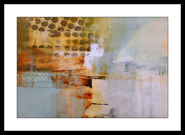Abstract art canvas print artwork with earthy tones and light blues.