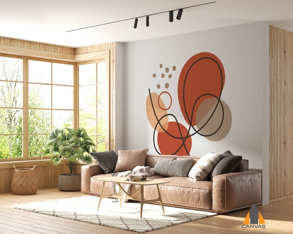 Abstract geometric shapes wall mural in a modern living room, perfect for wallpaper installations in Gauteng.