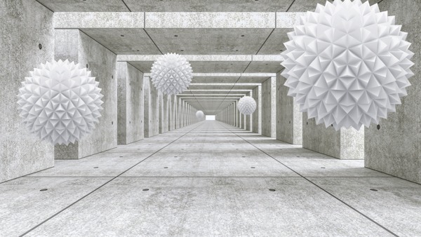 Abstract 3D concrete tunnel with geometric white spheres, a unique wallpaper design.