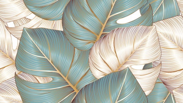 Close-up of a seamless monstera leaf pattern wallpaper design in teal, gold, and cream.