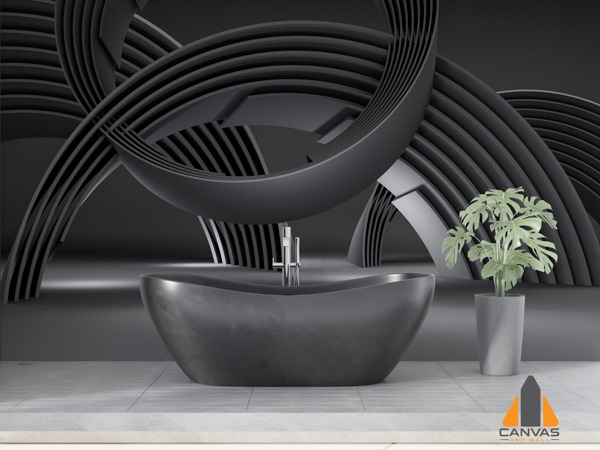 Modern bathroom with abstract 3D black shapes custom wallpaper and black freestanding bathtub.