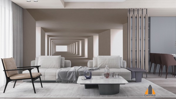 Long optical illusion wall mural in a modern living room with light furniture