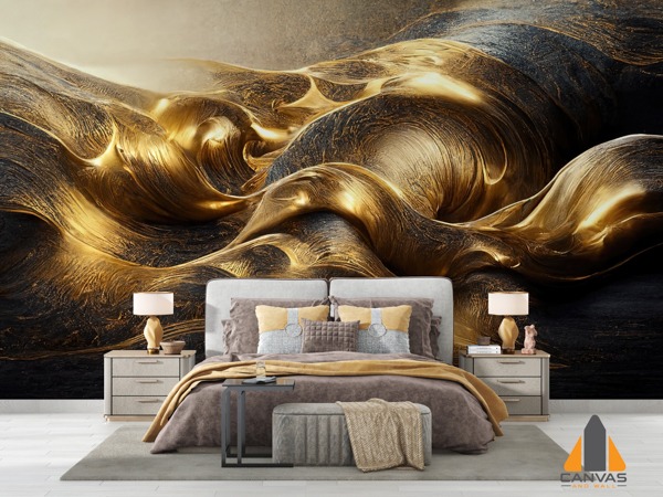Gold and black abstract wall mural in an elegant bedroom with a large bed.