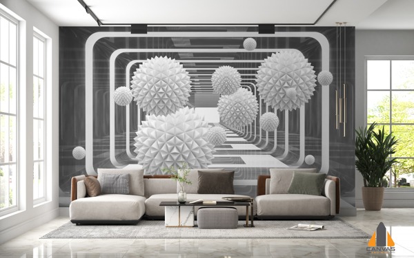 Modern minimalist living room featuring a geometric 3D spheres custom wallpaper installation.