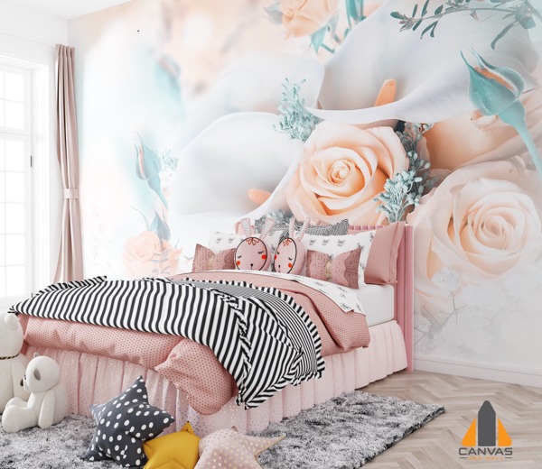 Floral wall mural with peach roses and white calla lilies in a child's bedroom, expert wallpaper installations.