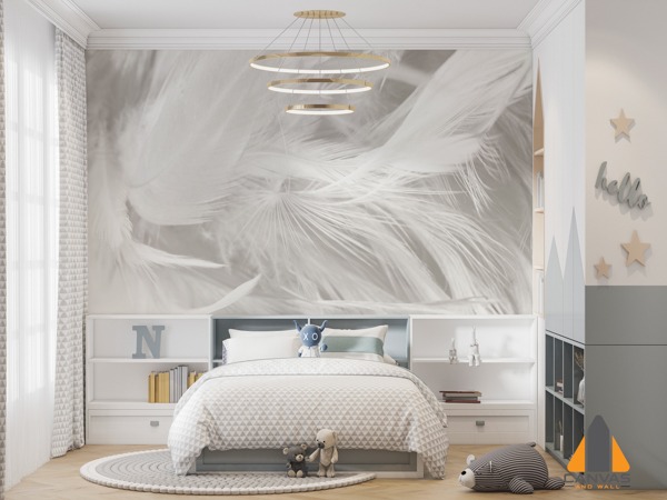 White feather wall mural in a child's bedroom with modern decor.