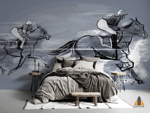 Sketch of horse riders on a dynamic wall mural in a grey bedroom.