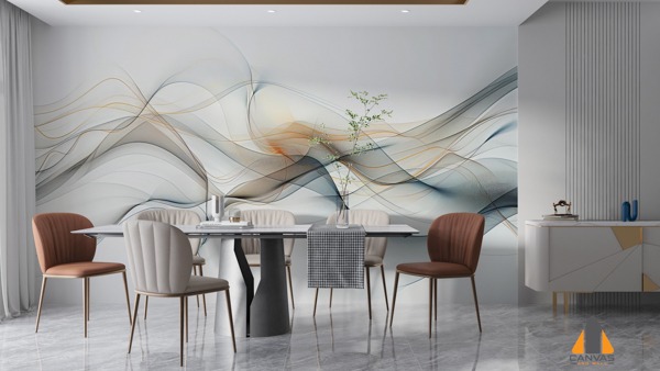 Spiritual Journey Through Lines Smoke wall mural in a modern dining room setting, showcasing a beautiful design.