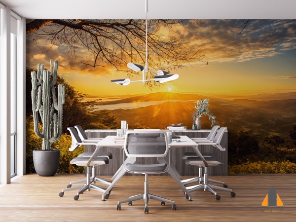 Vibrant sunrise wall mural over mountains in a modern office, ideal for wallpaper installations in Gauteng.