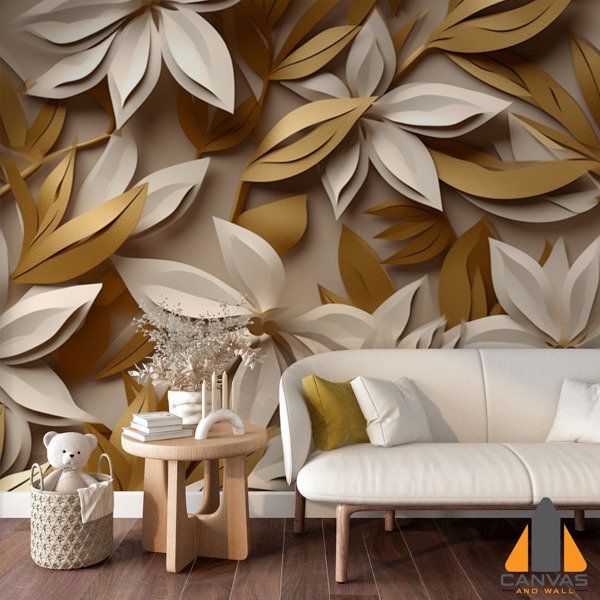 White and gold paper flowers wall mural in a modern living room, perfect for wallpaper installations in Gauteng.