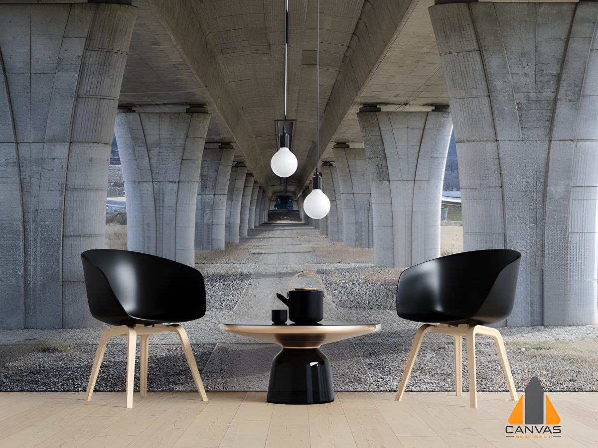 Under a bridge wall mural in a modern living room setting, ideal for wallpaper installations in Gauteng.