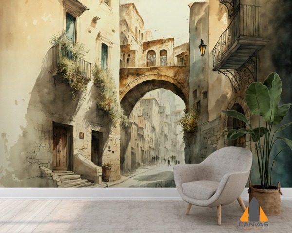 Vintage watercolor street scene wall mural in a modern living room featuring wallpaper installation in Gauteng.