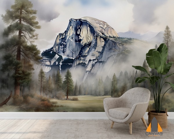 Yosemite Half Dome national park watercolor wall mural with pine trees and fog in a modern living space.