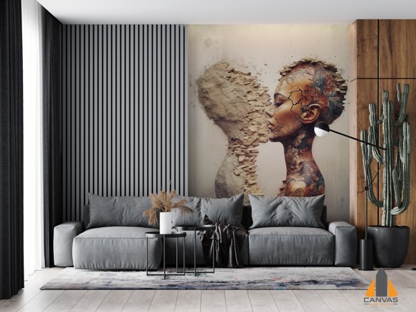 Dramatic wall mural of a tattooed woman's face and sand sculpture in a modern living room.