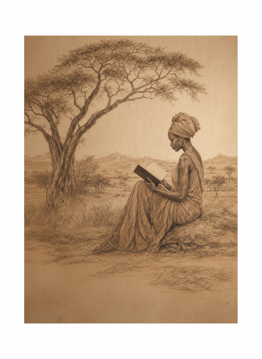 Serene Reader in African Landscape - Wallpaper mural artwork